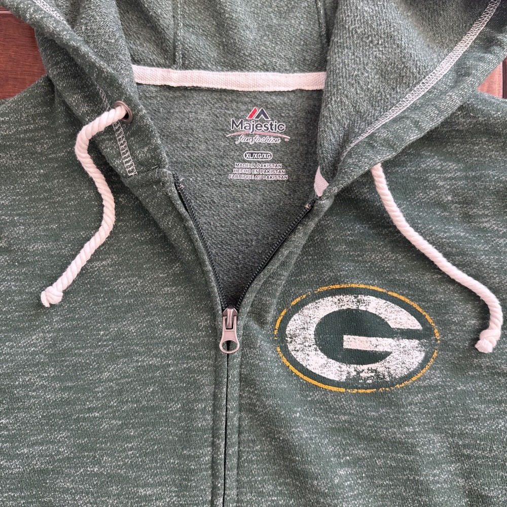 MAJESTIC Green Bay Packers Full Zip Hoodie Heather Green Logo Size XL - Picture 2 of 7